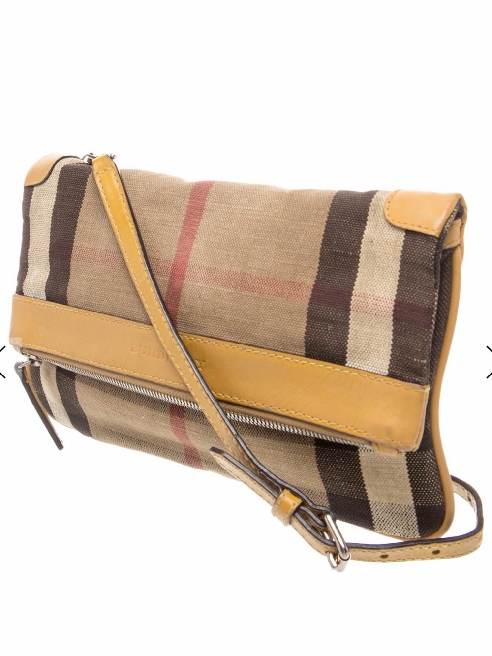 Burberry Tan Plaid Canvas Fold-Over Clutch with Mustard Trim - Picture 3 of 6